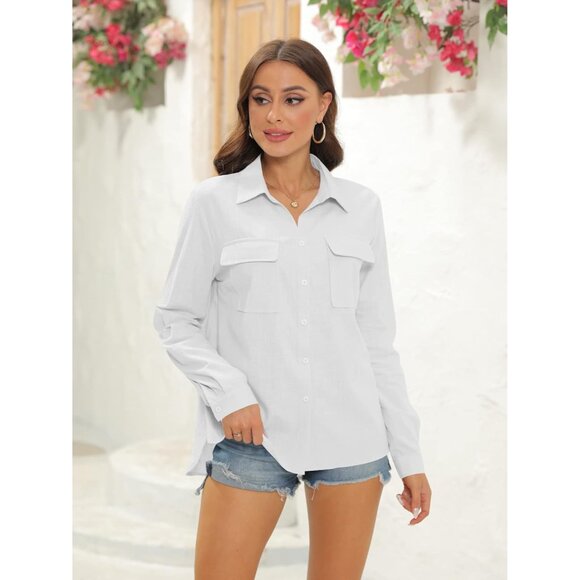 Women's Cotton Linen Button Down Shirt V Neck Long Sleeve Casual Loose Top - Picture 5 of 9